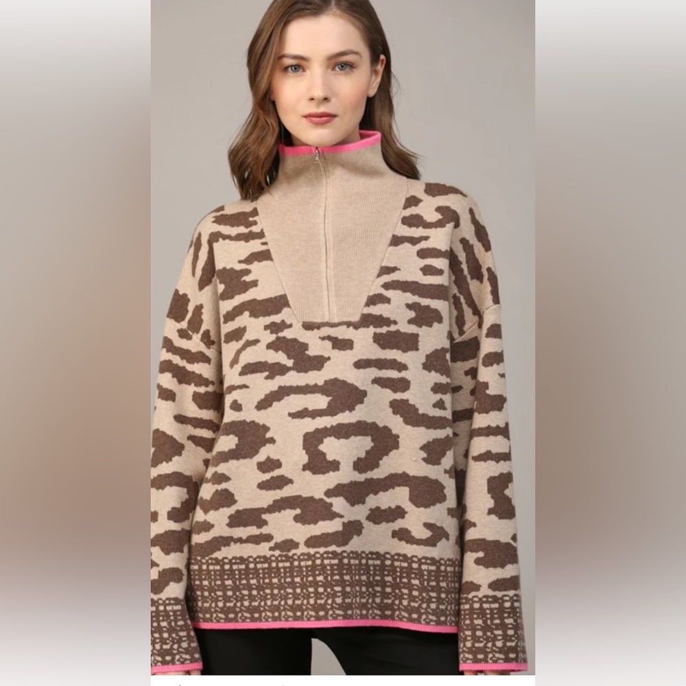 Fate Oversized Tan and Brown Half Zip Animal Print Sweater